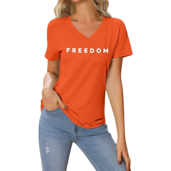 Freedom T Shirt Women V Neck Short Long Sleeve Letter Prints Basic Top Fashion Tee Breathable Stretch Classic Casual Loose Fit Daily Wear