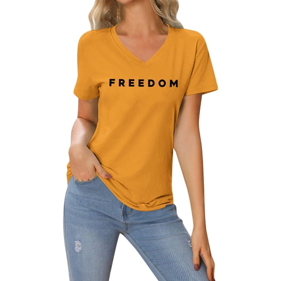 Freedom T Shirt Women V Neck Short Long Sleeve Letter Prints Basic Top Fashion Tee Breathable Stretch Classic Casual Loose Fit Daily Wear