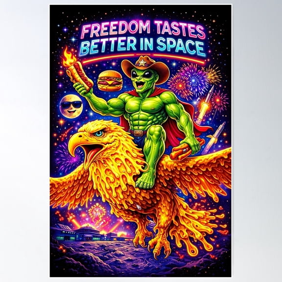 Freedom Tastes Better in Space Alien President Riding a Cheese Patriotic Meme Art Funny Surreal, Unframed Poster