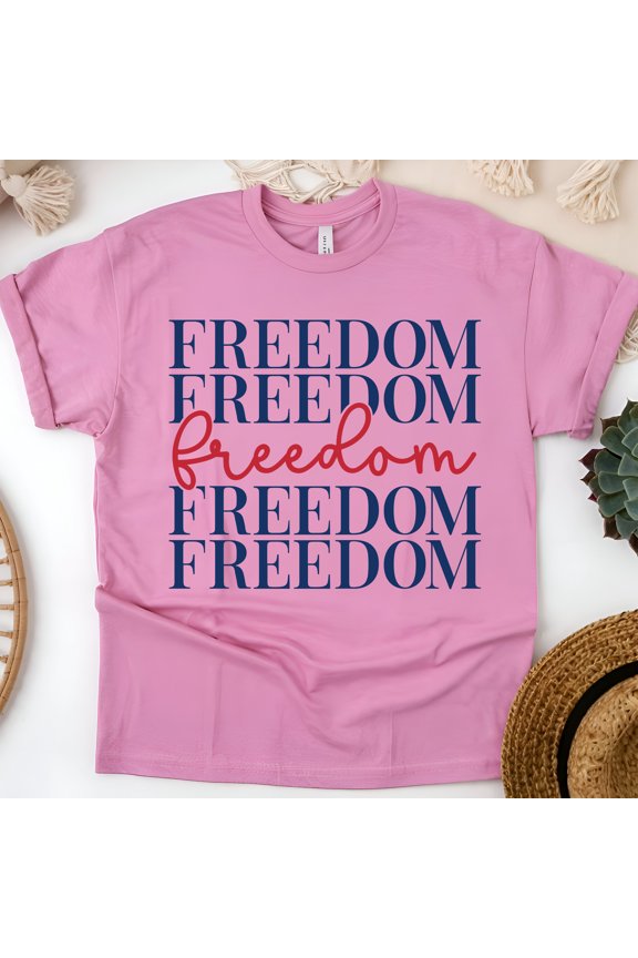 Freedom Typography Shirt – Patriotic Red and Blue Graphic Tee, Azalea, Size M