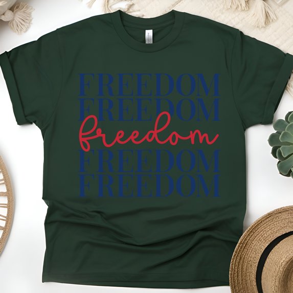 Freedom Typography Shirt – Patriotic Red and Blue Graphic Tee, Forest Green, Size 4XL