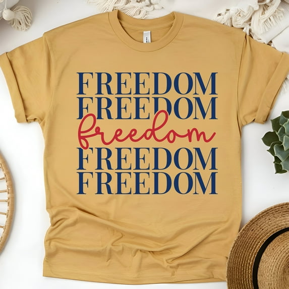 Freedom Typography Shirt – Patriotic Red and Blue Graphic Tee, Gold, Size M