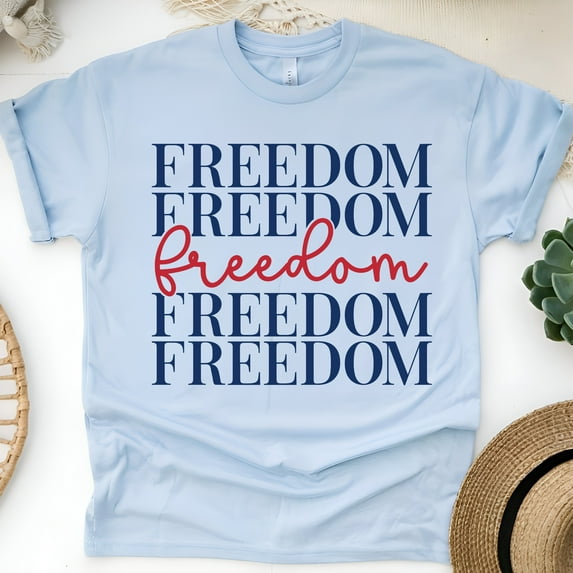 Freedom Typography Shirt – Patriotic Red and Blue Graphic Tee, Light Blue, Size L