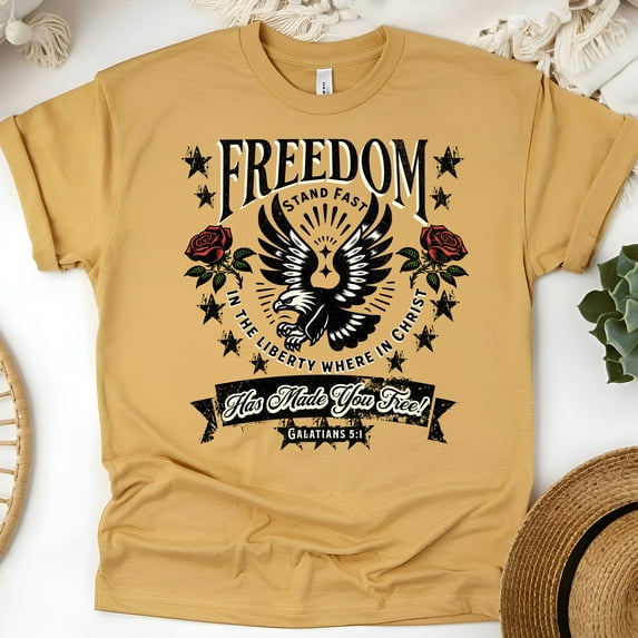 Freedom in Christ Shirt – Galatians 5:1 Bible Verse Christian Graphic Tee, Gold, Size 3XL