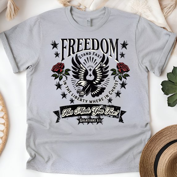 Freedom in Christ Shirt – Galatians 5:1 Bible Verse Christian Graphic Tee, Sport Grey, Size XL