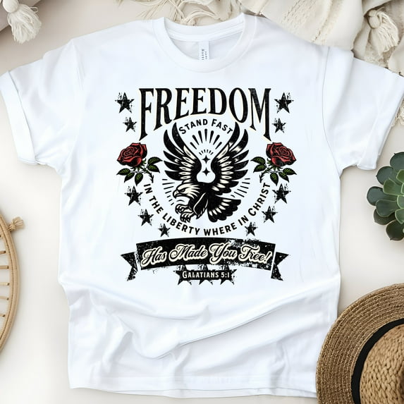 Freedom in Christ Shirt – Galatians 5:1 Bible Verse Christian Graphic Tee, White, Size S