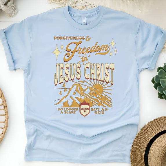 Freedom in Jesus Christ Shirt – Galatians 5:1 Christian Scripture Tee, Light Blue, Size 2XL