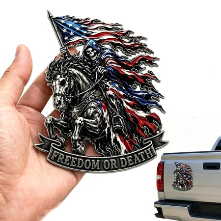 Freedom or Death Metal USA Flag Skeleton Rider Emblem, 3D American Eagle Flag Skeleton Pattern Car, Emblems for Truck SUV RV Vehicle Tailgate (2 PCS)