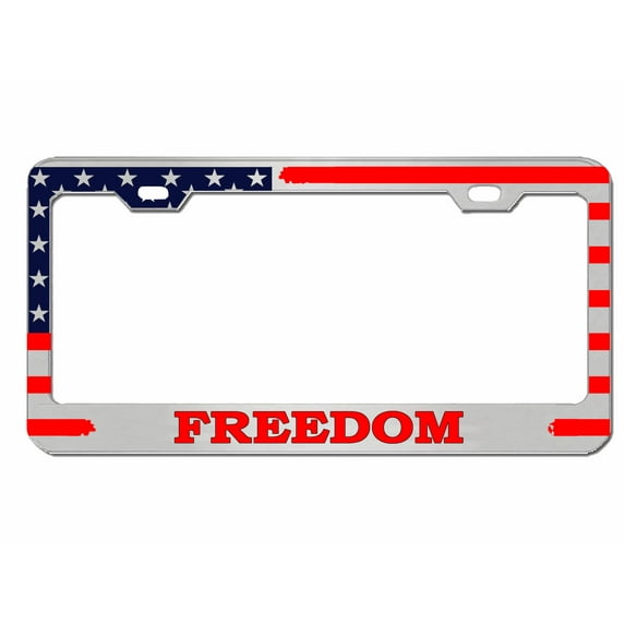 Freedom with American Flag Style License Plate Frame/Car Accessories License Plate Covers & Frames (Chrome/Red/Blue)