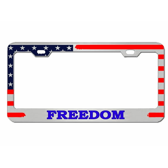 Freedom with American Flag Style License Plate Frame/Car Accessories License Plate Covers & Frames (Chrome/Red/line Blue)
