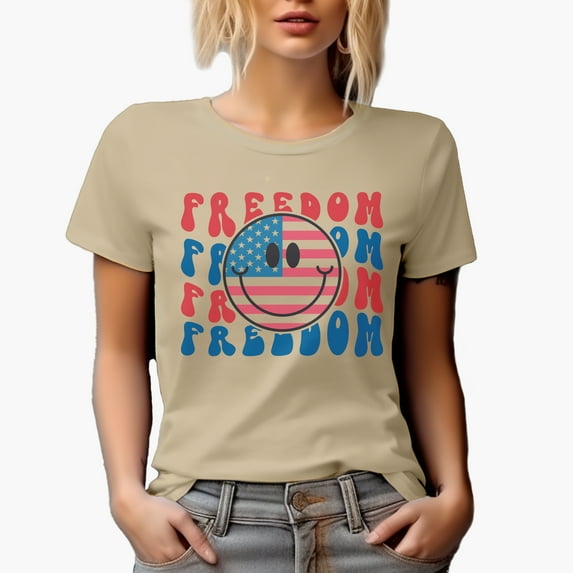 Freedom with USA Flag & Retro Smiling Face Art 4th of July Merch Gift, Tan T-Shirt, Medium