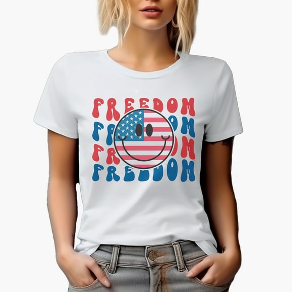 Freedom with USA Flag & Retro Smiling Face Art 4th of July Merch Gift, White T-Shirt, Large
