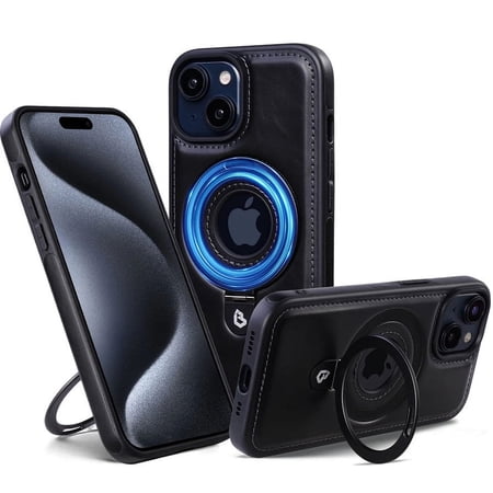 Freedomtech Magnetic Phone Case for iPhone 15, iPhone Case with Ring Stand MagSafe Compatible - Black