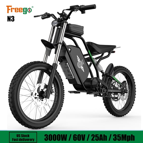 Freego N3 3000W(Peak)Mid-Drive Electric Bike for Adults,40 MPH Top Speed,50 Miles Range Ebike with 60V 25Ah Battery,19" Off Road Tires Electric Motorcycle with Full Suspension UL2849
