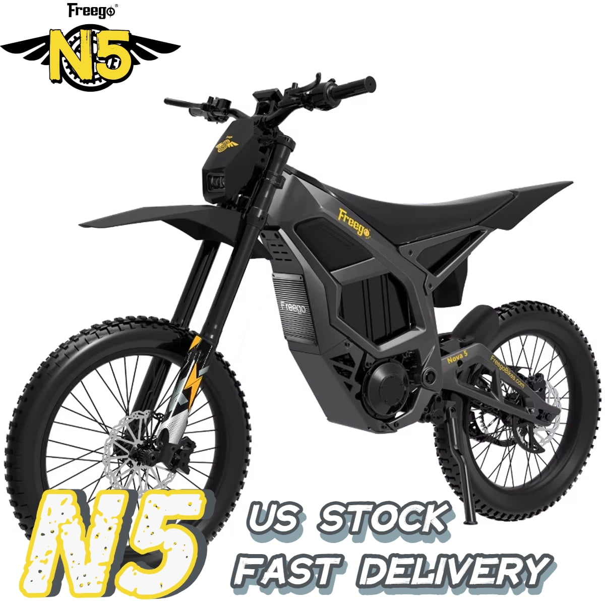 Freego Nova5 72V/40Ah Electric Bicycle for Adults - 8000W Peak Mid‑Drive, 53MPH, Full Suspension, 19”/18” Wheels, UL2849