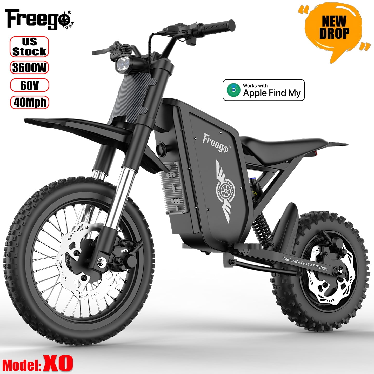 Freego X0 Electric Bike for Teens & Adults,60V 23AH Battery 50 Mi Range,3600W（Peak)Motor 40mph Top Speed,Hydraulic Disc Brakes Full Suspension with 14"/10"off Road Mountain E Bike UL2849