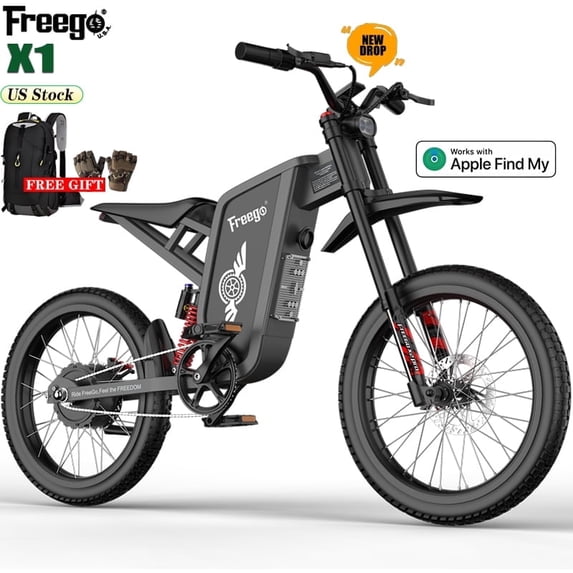 Freego X1 Agile All-Terrain E-Bike with Pedals, 60V 25Ah Removable Battery Up to 50 Miles, 3000W Peak 37 MPH, Full Suspension 17" Motorcycle-Grade Tires, Hydraulic Disc Brakes UL Certified