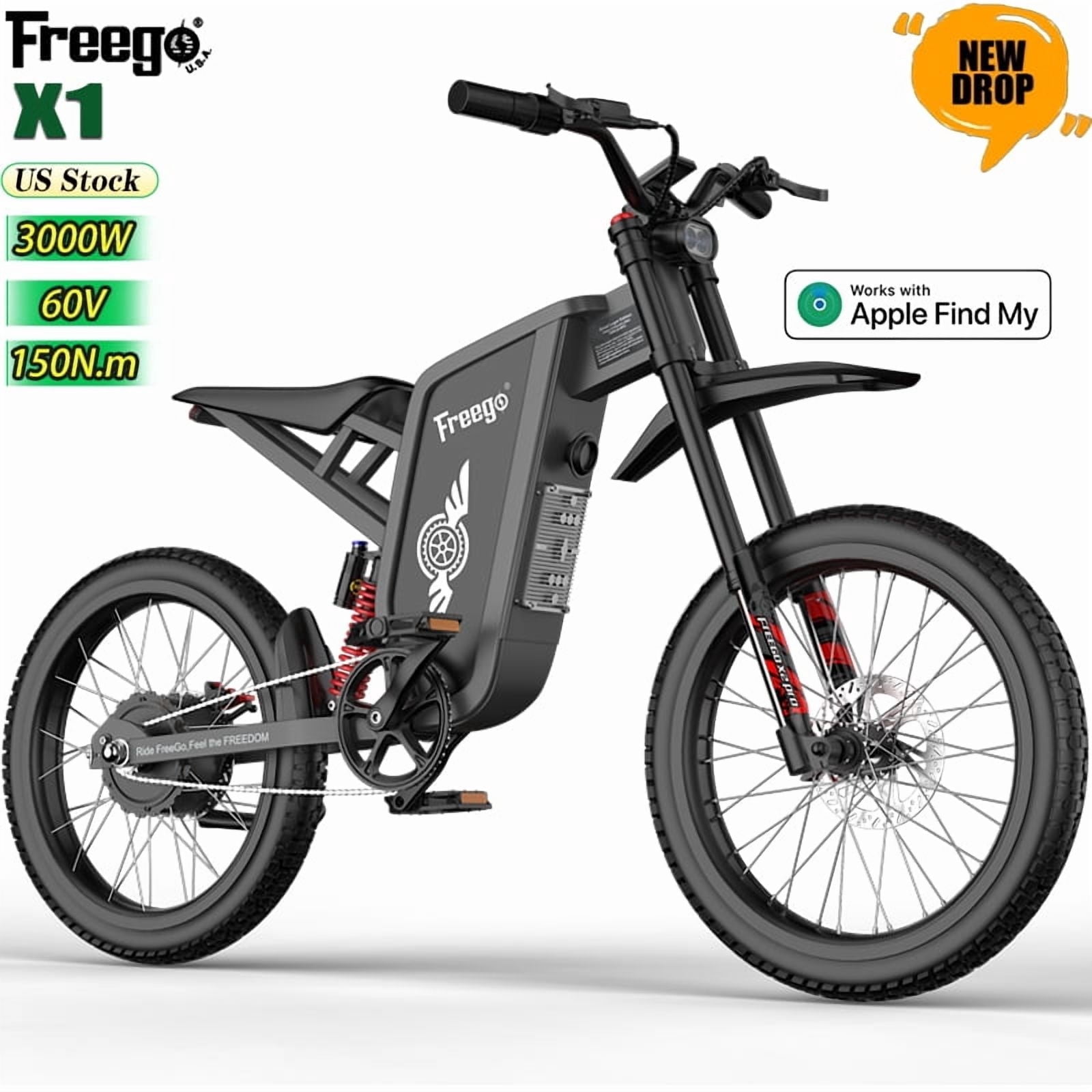 Freego X1 Electric Bike for Adults with Pedals,3000W Peak Motor 60V 25Ah Battery, 37 MPH Top Speed 150N·m Torque, Full Suspension Hydraulic 4-Piston Brakes, 17" All-Terrain Tires
