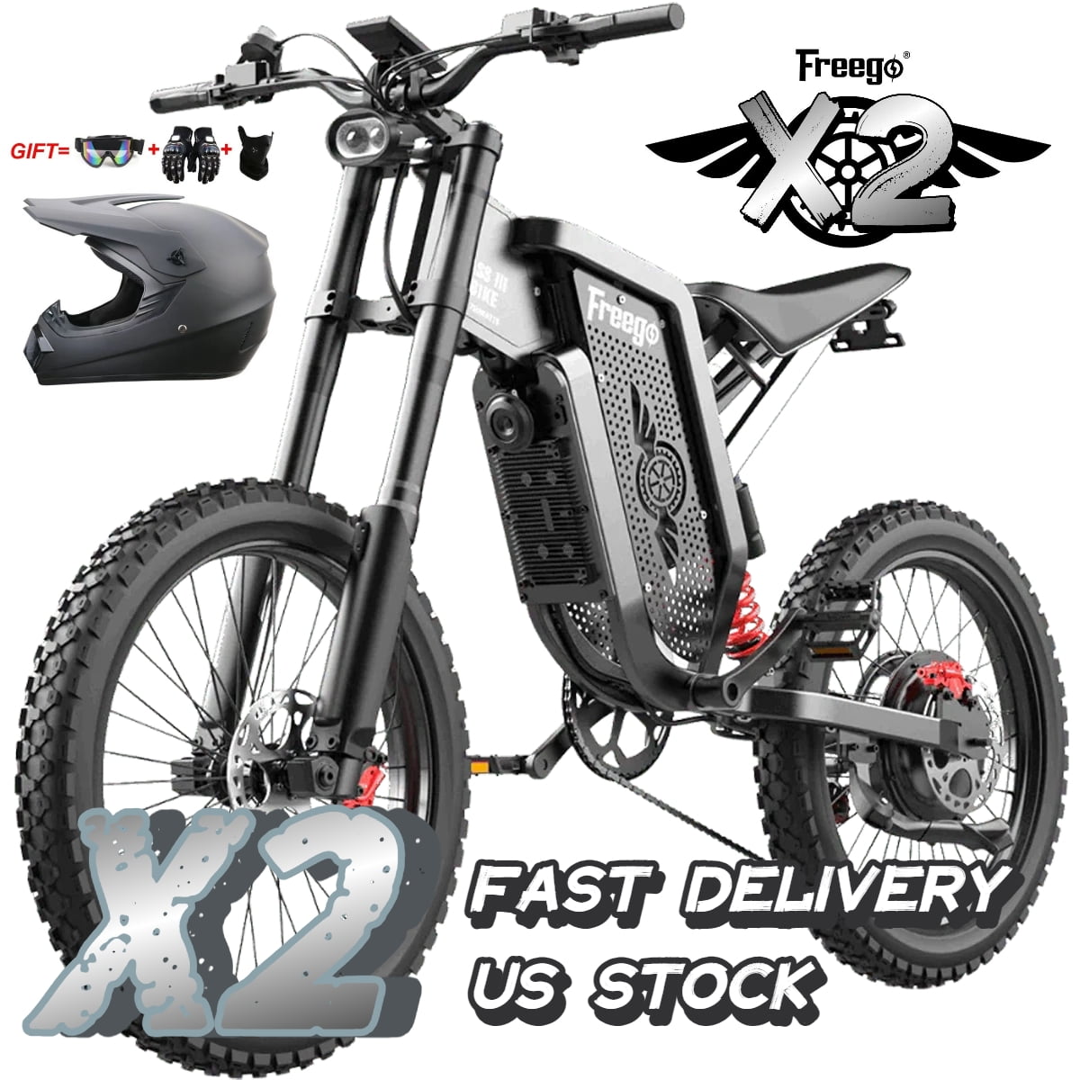 Freego X2 Electric Dirt Bike - 6000W Peak, 60V/30Ah Battery, 56 Mile Range, 28 MPH Eco / 50 MPH Sport, SHIMANO 7-Speed, Hydraulic Disc Brakes, 2-Piston, Aluminum Frame, 8H Charging