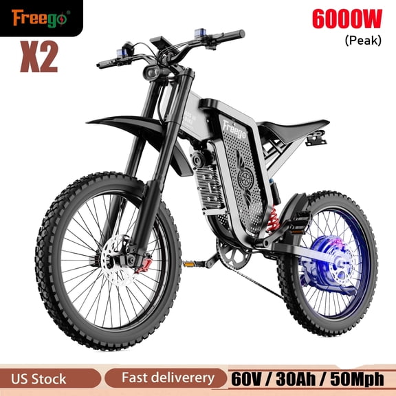 Freego X2 Electric Motorcycle for Adults,6000W Motor Electric Dirt Bike for Teen,60V30AH Removable Battery,50Mph/7Speed Electric Mountain Bicycle,19"x2"Tire Full Suspension Full Hydraulic Brake