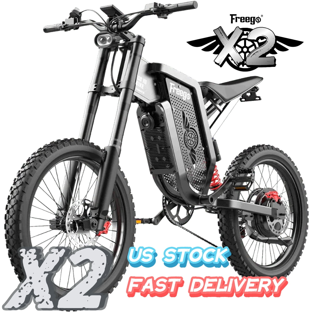 Freego X2 Electric Motorcycle for Adults,6000W Motor 60V30AH Removable Battery Electric Bike, 50Mph/7Speed Electric Mountain Bicycle, 19" x2" Tire Full Suspension,Full Hydraulic Brake