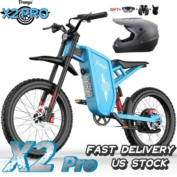 Freego X2 PRO 6000W Peak Electric Dirt Bike - 60V/30Ah Battery, 56 Mile Range, 28 MPH Eco / 50 MPH Sport, Single Speed, Hydraulic Disc Brakes, 4-Piston, High-strength Steel, 6H Charging,Blue