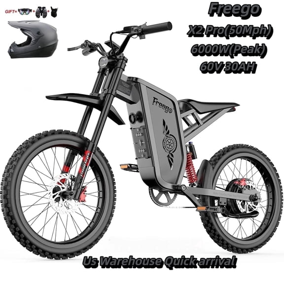 Freego X2 Pro 50MPH 80Mile Off Road Electric Bicyclefor Adults,6000W(Peak)Motor Electric Motorcycle,Electric Dirt Bike 60V/30Ah Battery,,19in tire Full Suspension/Four-Piston Hydraulic Brake