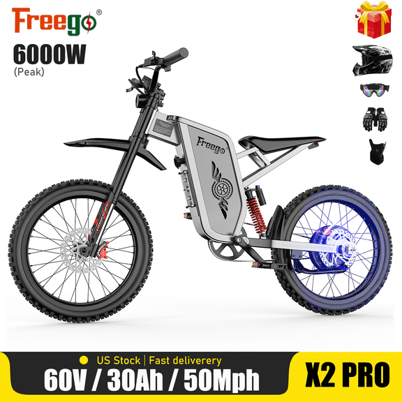 Freego X2Pro off road electric bike for Adults/Teens,Electric Dirt Bike Teens 6000W(Peak) Motor 1800Wh Battery,Max 50Mph Electric Bicycle,Full Suspension