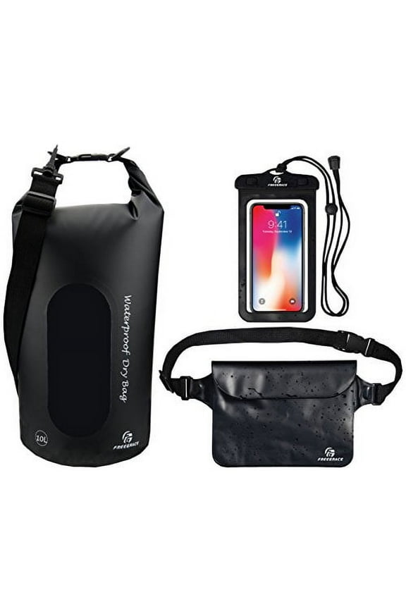 Waterproof Dry Bags Set of 3 Dry Bag with 2 Zip Lock Seals & Detachable Shoulder Strap, Waist Pouch & Phone Case, Can Be Submerged Into Water, For Swimming (Black(Window), 5L)