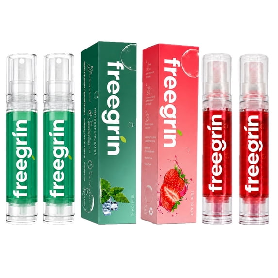 Freegrin 4 Pack Sugar-Free Oral Mouth Spray, Long-Lasting Fresh Breath, 10ml Portable Travel Size, Moisturizing & Gentle Formula (Mint Strawberry)