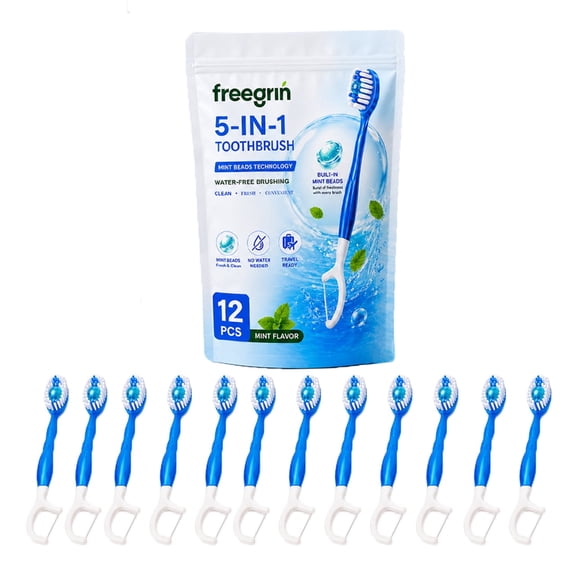 Freegrin 5 in 1 Disposable Mini Toothbrushes with Toothpaste, Floss, Pick and Tongue Scraper, Individually Wrapped Travel Size, Mint Flavor, 12 Count