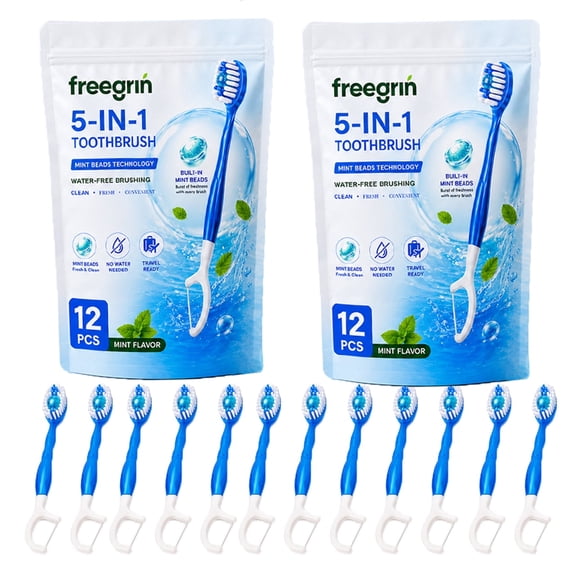 Freegrin 5 in 1 Disposable Mini Toothbrushes with Toothpaste, Floss, Pick and Tongue Scraper, Individually Wrapped Travel Size, Mint Flavor, 24 Count