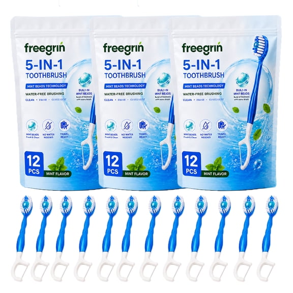 Freegrin 5 in 1 Disposable Mini Toothbrushes with Toothpaste, Floss, Pick and Tongue Scraper, Individually Wrapped Travel Size, Mint Flavor, 36 Count