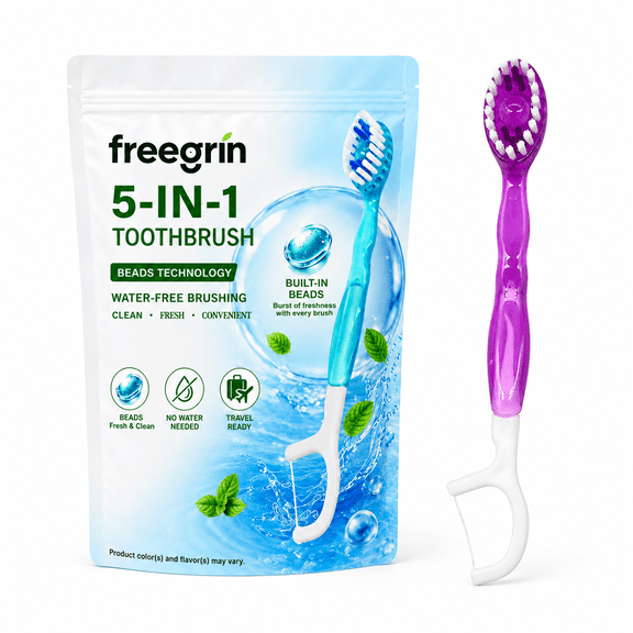 Freegrin 5 in 1 Disposable Toothbrushes with Toothpaste, Floss, Pick & Tongue Scraper, Individually Wrapped Travel Size, Cherry Blossom, 12 Count
