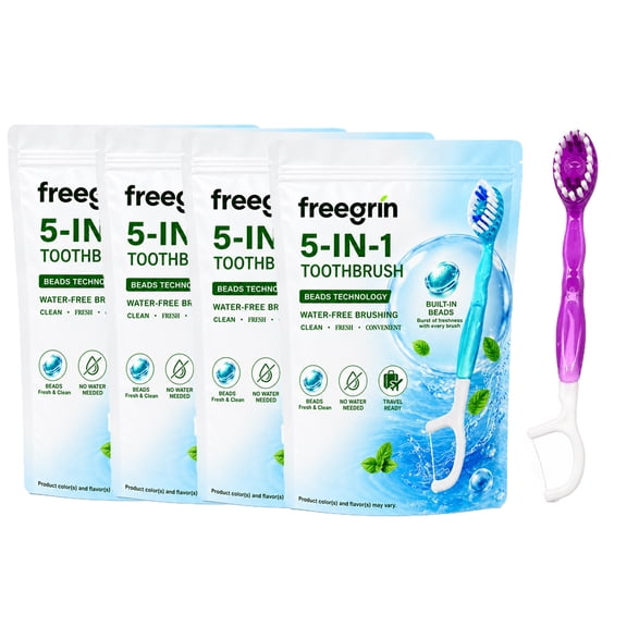 Freegrin 5 in 1 Disposable Toothbrushes with Toothpaste, Floss, Pick & Tongue Scraper, Individually Wrapped Travel Size, Cherry Blossom, 48 Count