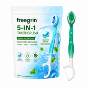 Freegrin 5 in 1 Disposable Toothbrushes with Toothpaste, Floss, Pick and Tongue Scraper, Individually Wrapped Travel Size, Green Tea Flavor, 12 Count