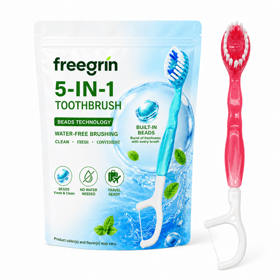 Freegrin 5 in 1 Disposable Toothbrushes with Toothpaste, Floss, Pick and Tongue Scraper, Individually Wrapped Travel Size, Peach Flavor, 12 Count