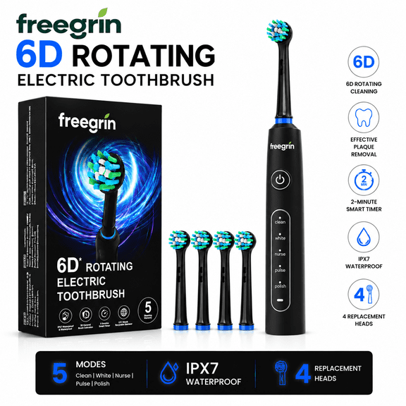 Freegrin 6D Rotating Electric Toothbrush for Adults, 5 Modes, 4 DuPont Soft Bristle Heads, 2-Min Smart Timer, Type-C Charging, IP67 Waterproof, Black