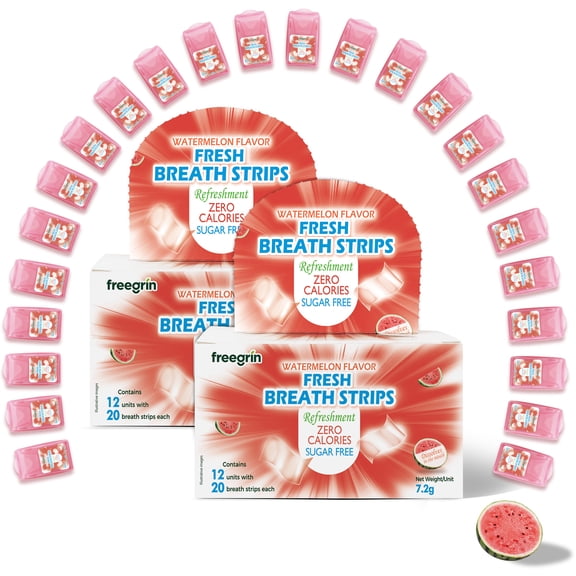 Freegrin Watermelon Breath Strips, Quick Dissolving Sugar Free, Portable Pocket-Sized Oral Care Strips for On-the-Go Use, 24 Packs (20 Strips Each)