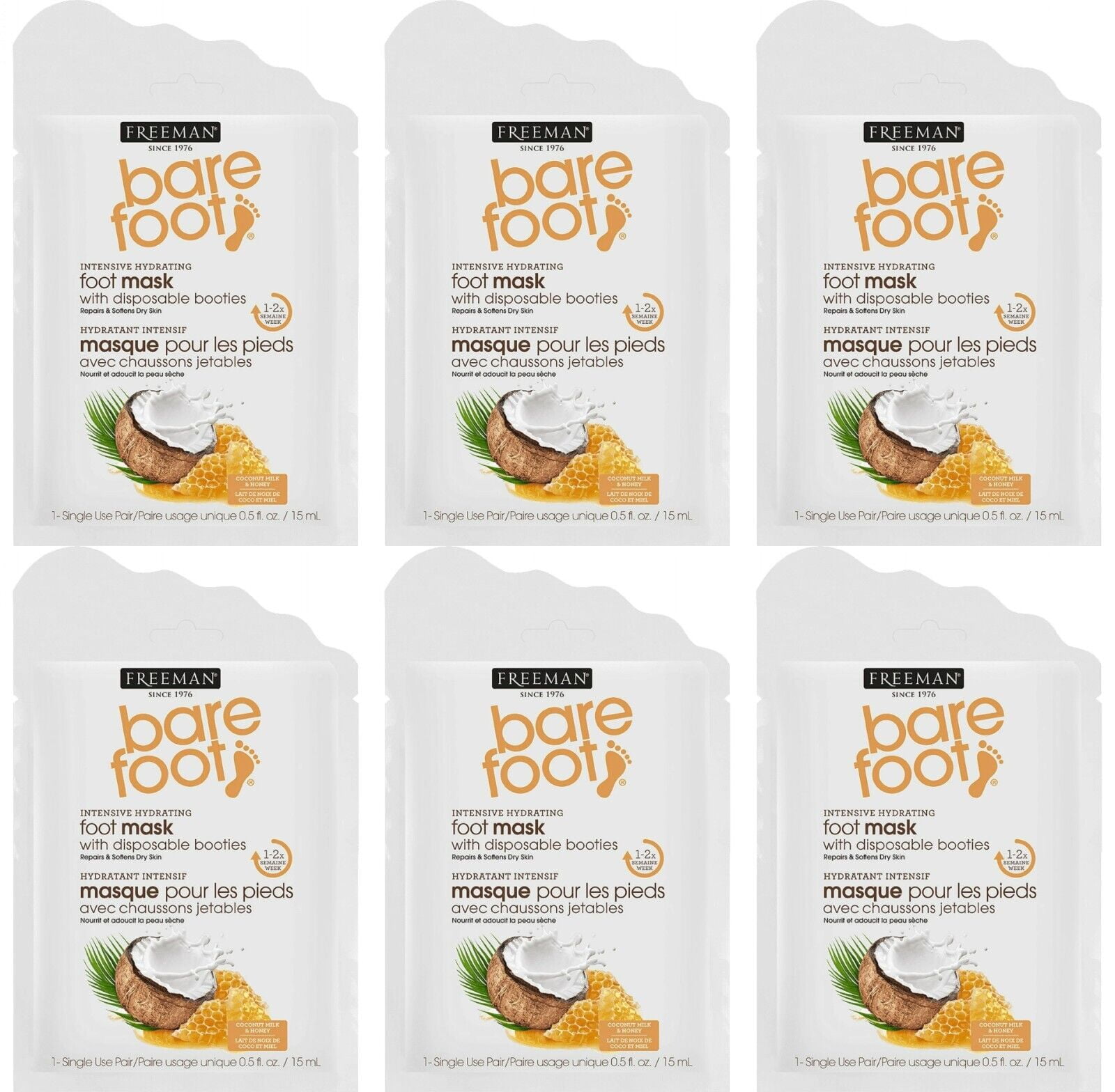 Freeman Bare Foot Coconut Milk + Honey Intensive Hydrating Foot Mask Single Use-Pack of 6