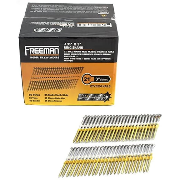 Freeman FR.131-3HDGRS 21 Degree .131" x 3" Plastic Collated Exterior Galvanized Ring Shank Full Round Head Framing Nails (2000 Count)