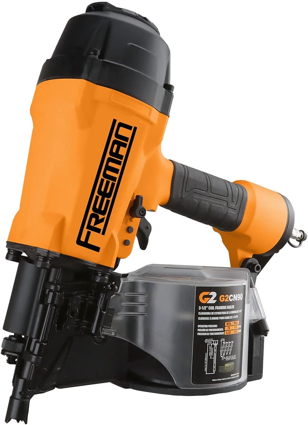 Freeman G2CN90 2nd Generation Pneumatic 15 Degree 3-1/2" Coil Framing Nailer with Adjustable Metal Belt Hook and 1/4" NPT Air Connector