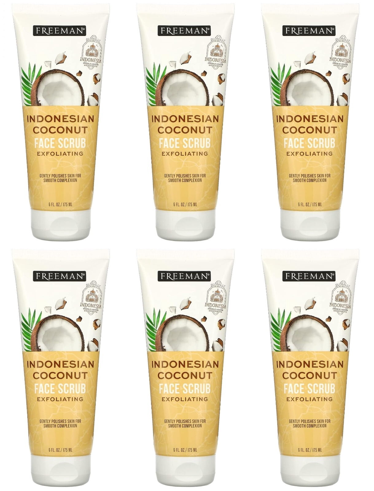 Freeman Indonesian Coconut Face Mask and Scrub for Unisex - 6 oz Mask Pack of 6