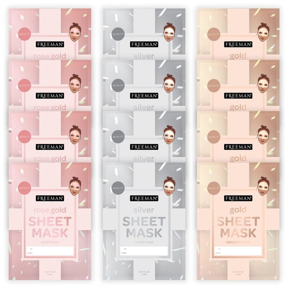 Freeman Limited Edition Christmas Metallic Sheet Masks, Variety 12 Pack, Brightening Gold, Purifying Silver, Soothing Rose Gold, 12 Count (Pack of 1)