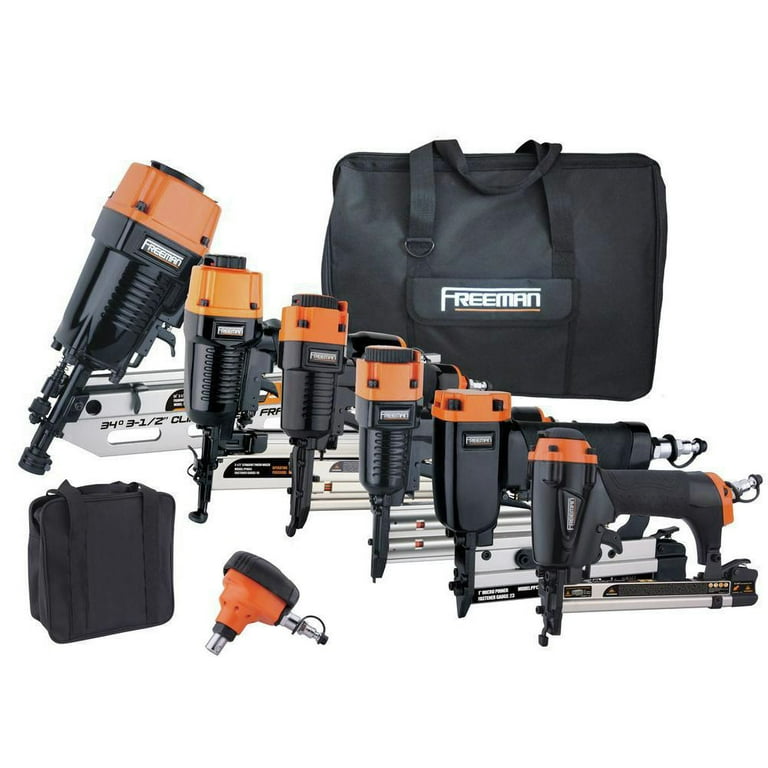 Pneumatic Finish and Trim Nailer and Staplers Combo Kit with Canvas Bag and Fasteners (3-Piece) Pneumatic Finish and Trim Nailer and Staplers Combo Kit with Canvas Bag and Fasteners (3-Piece)