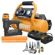Freeman PE1GCCK 20V Cordless 1 Gal. Air Compressor with 3-in-1 Pneumatic Finish Nailer / Stapler, Battery, Charger, Air Hose, Inflation Accessory Kit and Fasteners 600 Count   700 Shots per Charge