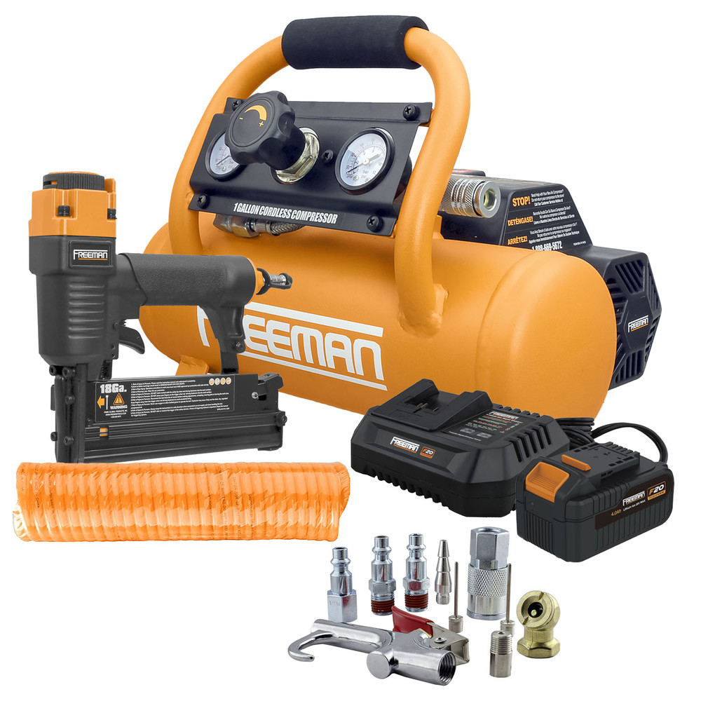 Freeman PE1GCCK 20V Cordless 1 Gal. Air Compressor with 3-in-1 Pneumatic Finish Nailer / Stapler, Battery, Charger, Air Hose, Inflation Accessory Kit and Fasteners (600 Count) – 700 Shots per Charge Sansujyuku sansujyuku.com