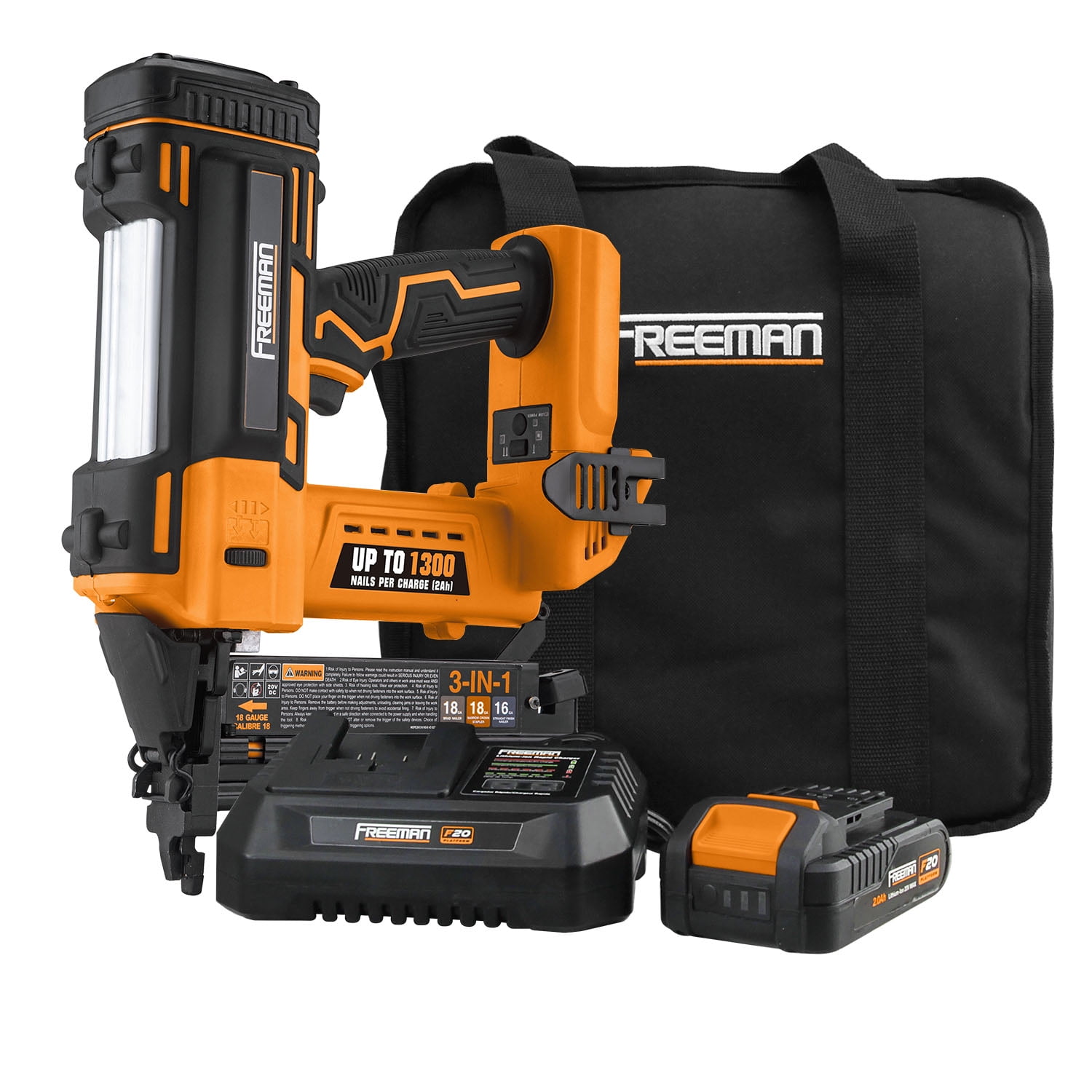 Freeman PE20V31618G 20 Volt Cordless 3-in-1 16 and 18 Gauge Nailer / Stapler Kit with Lithium Ion Battery, Charger, Bag, and Fasteners (600 Count) – 1300 Shots per Charge Sansujyuku sansujyuku.com