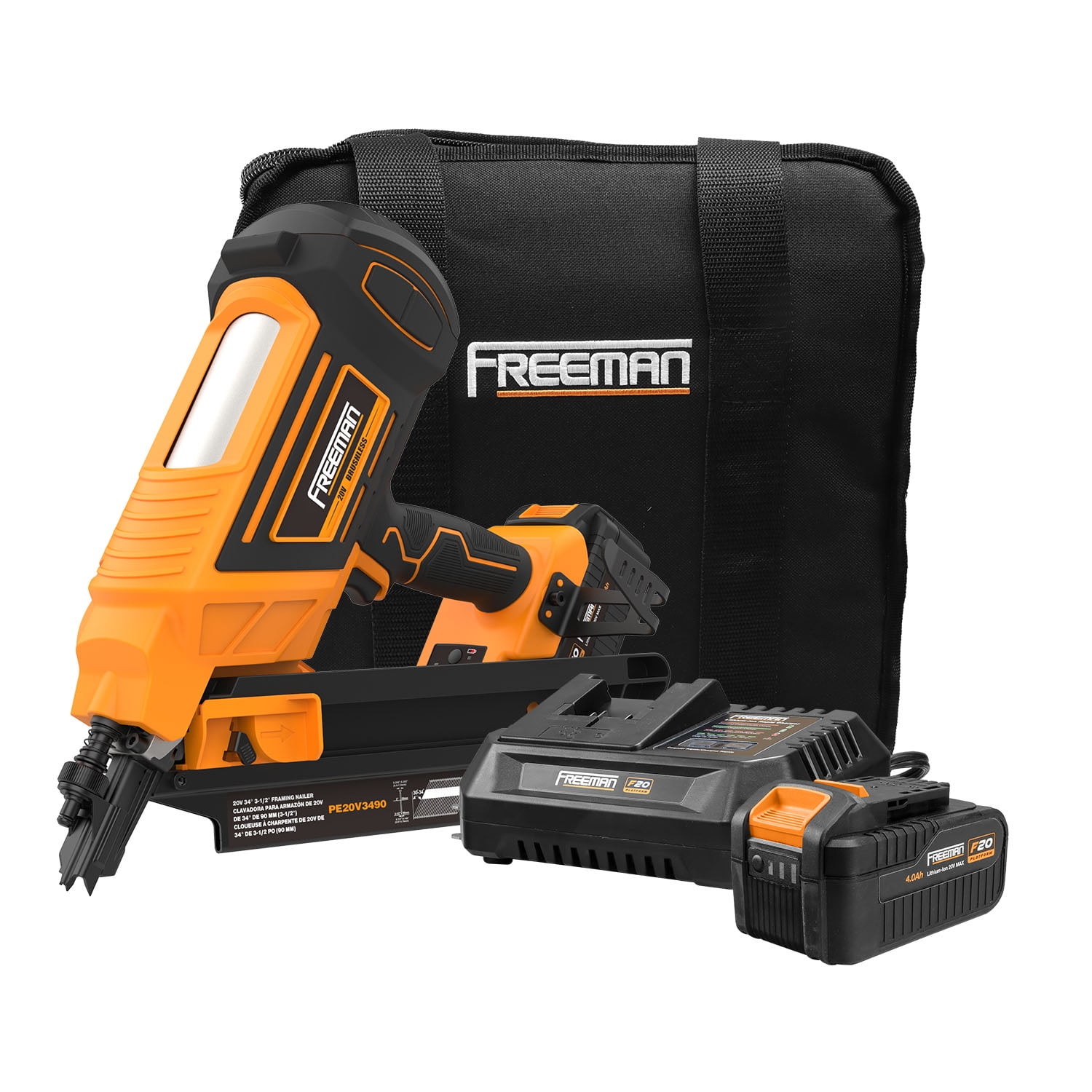 Freeman PE20V3490 20 Volt Cordless and Brushless 34 Degree 3-1/2" Framing Nailer Kit with Lithium Ion Battery, Charger, and Bag – 750 Shots per Charge
