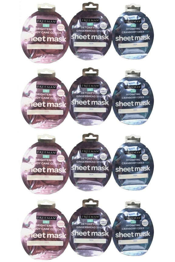 Freeman Sheet Masks Variety Candy Cane Cocoa - Cranberry Cider-Gingerbread Spice Face Mask Bulk Stocking Stuffer - Pack of 12